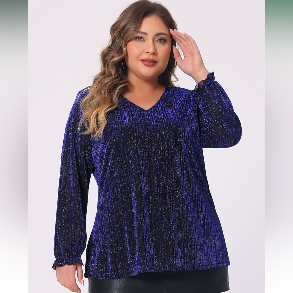 Women's Plus Size Top Metallic Party Glitter Long Sleeve Shiny Disco Sparkle Top